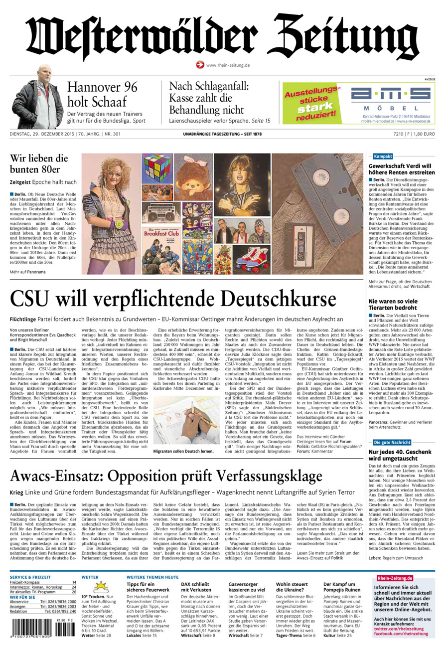 Westerwälder Zeitung vom Dienstag, 29.12.2015