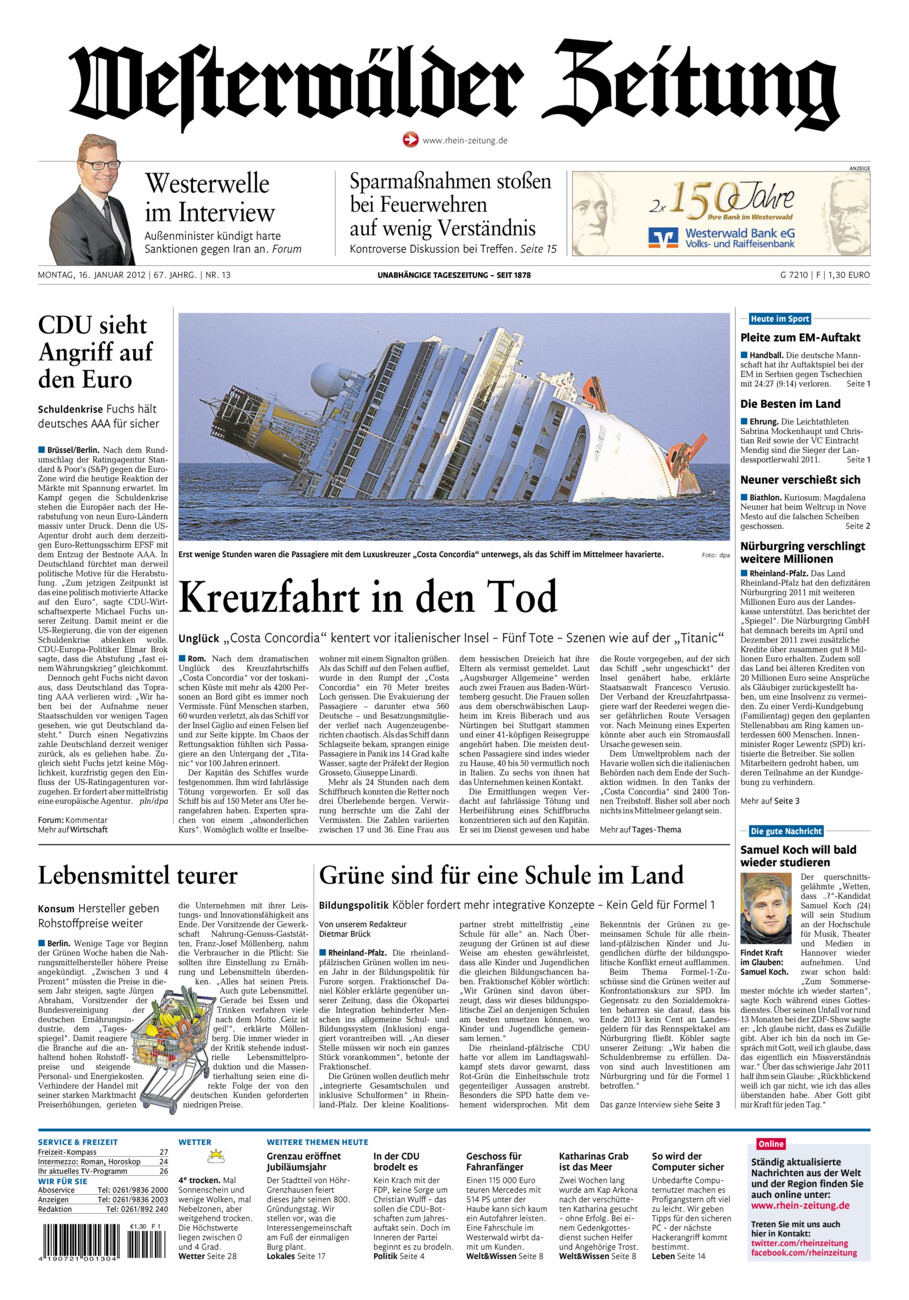 Westerwälder Zeitung vom Montag, 16.01.2012