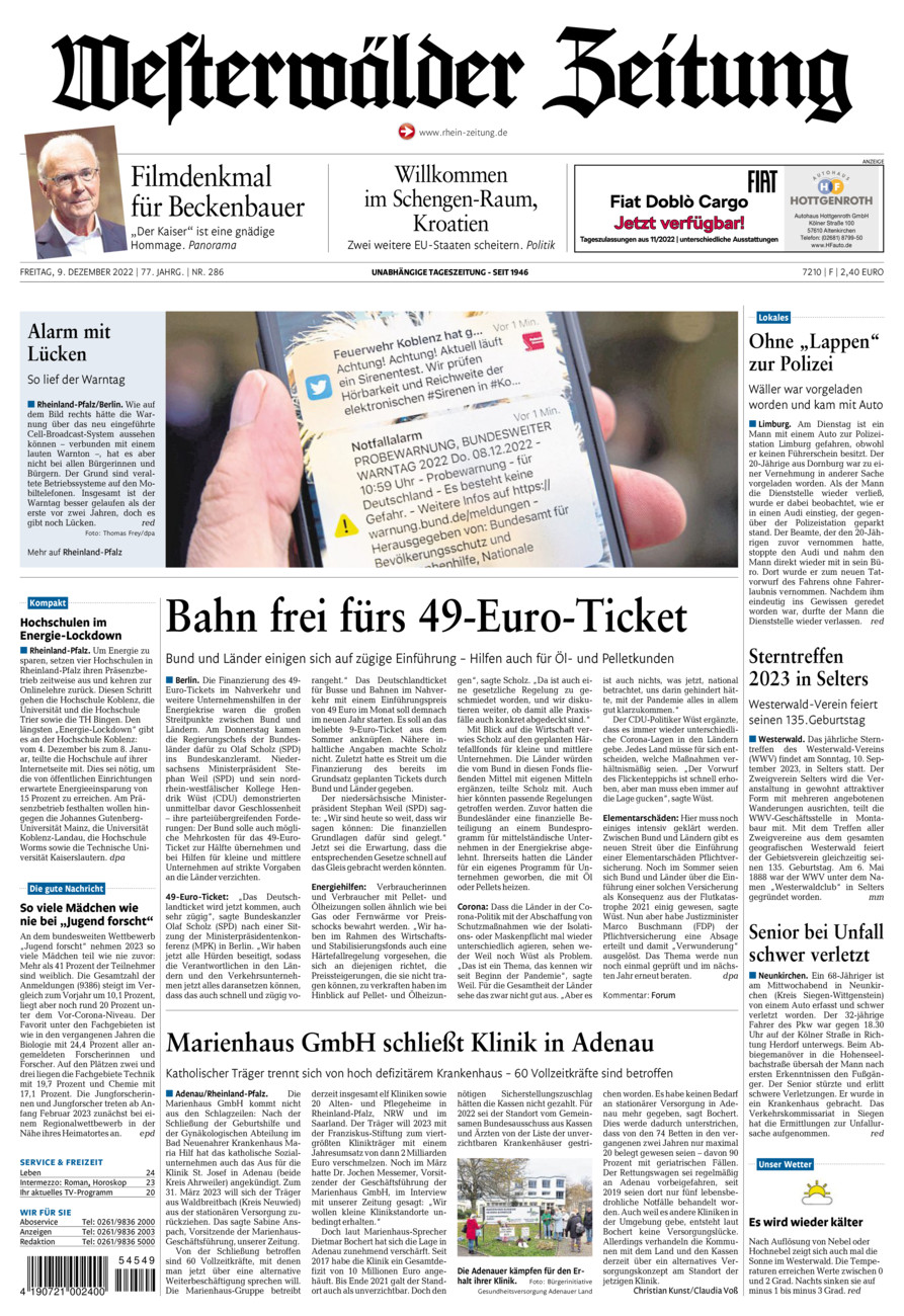 Westerwälder Zeitung vom Freitag, 09.12.2022