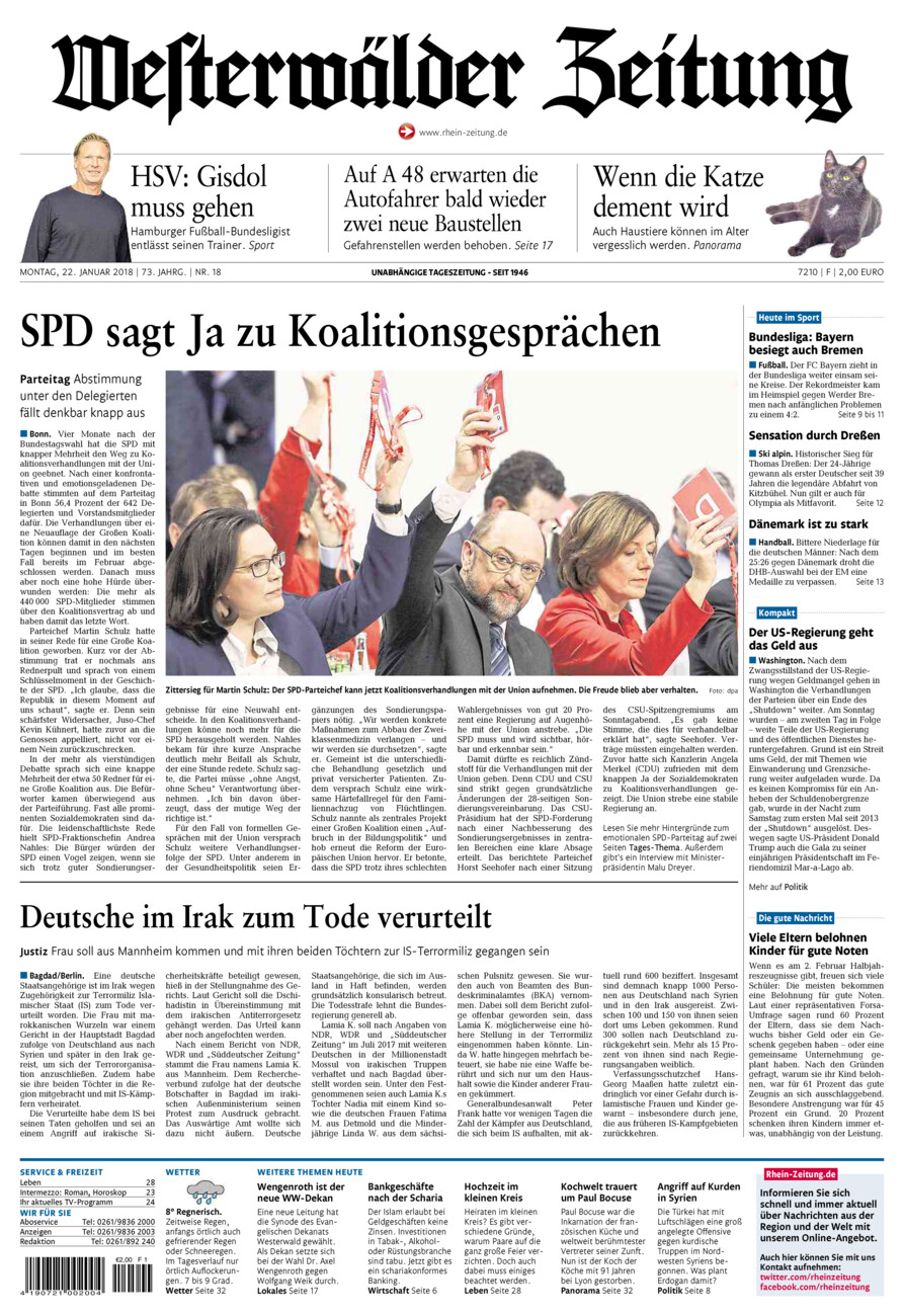 Westerwälder Zeitung vom Montag, 22.01.2018