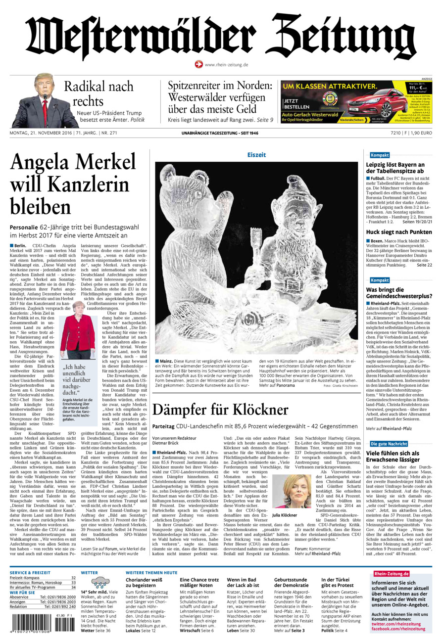 Westerwälder Zeitung vom Montag, 21.11.2016