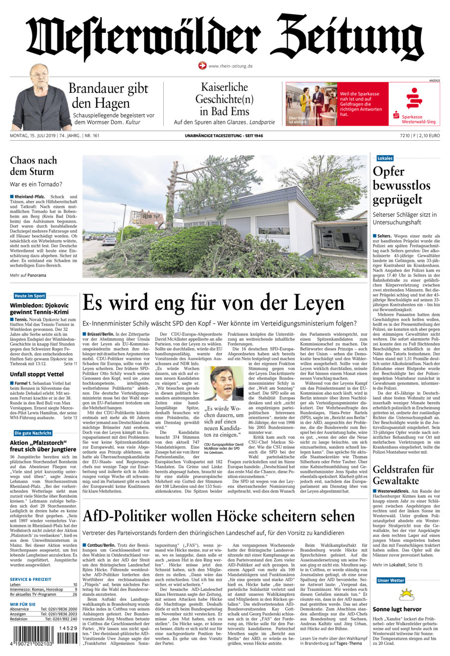 Westerwälder Zeitung vom Montag, 15.07.2019