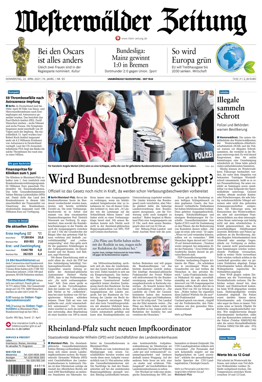 Westerwälder Zeitung vom Donnerstag, 22.04.2021