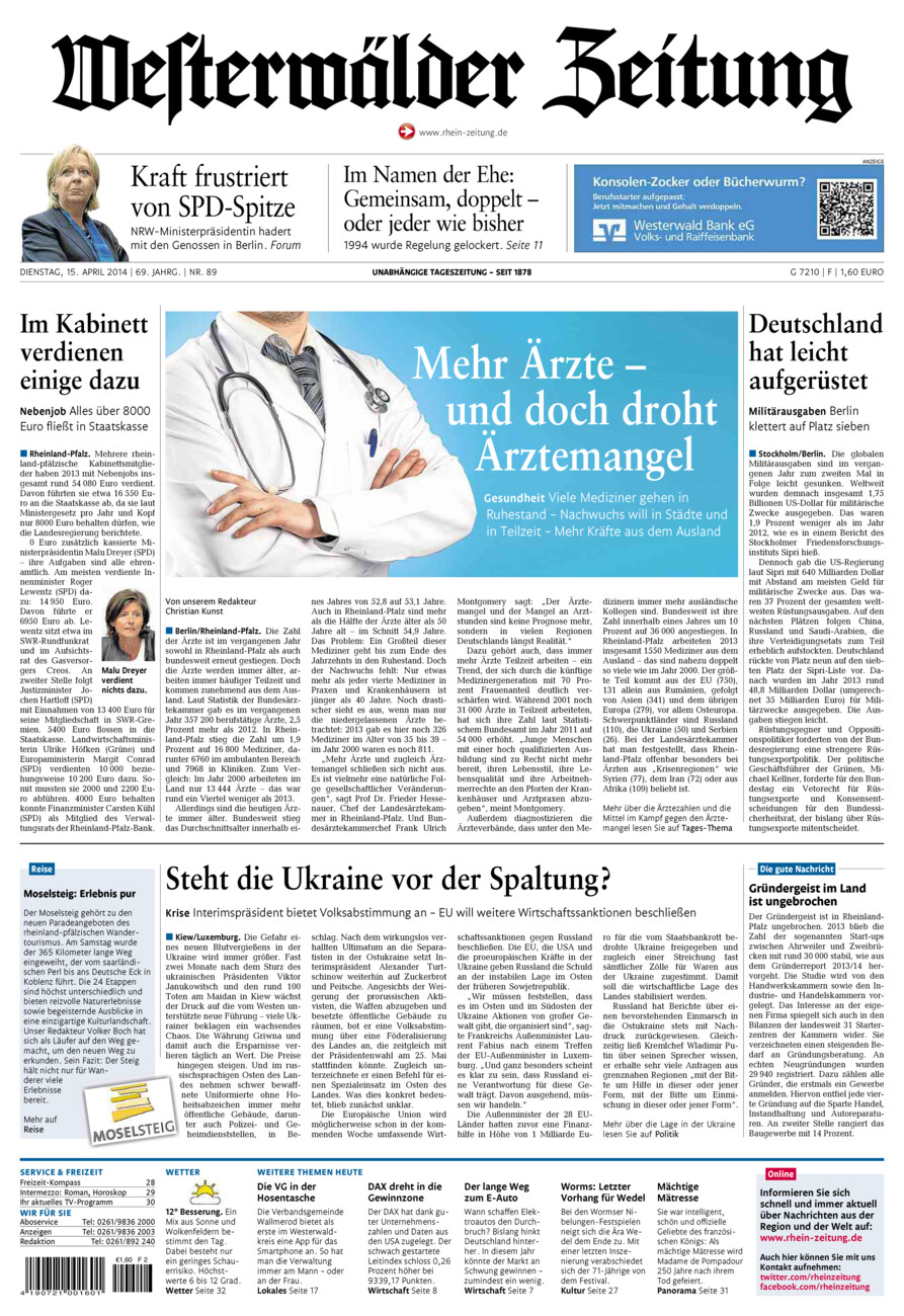 Westerwälder Zeitung vom Dienstag, 15.04.2014