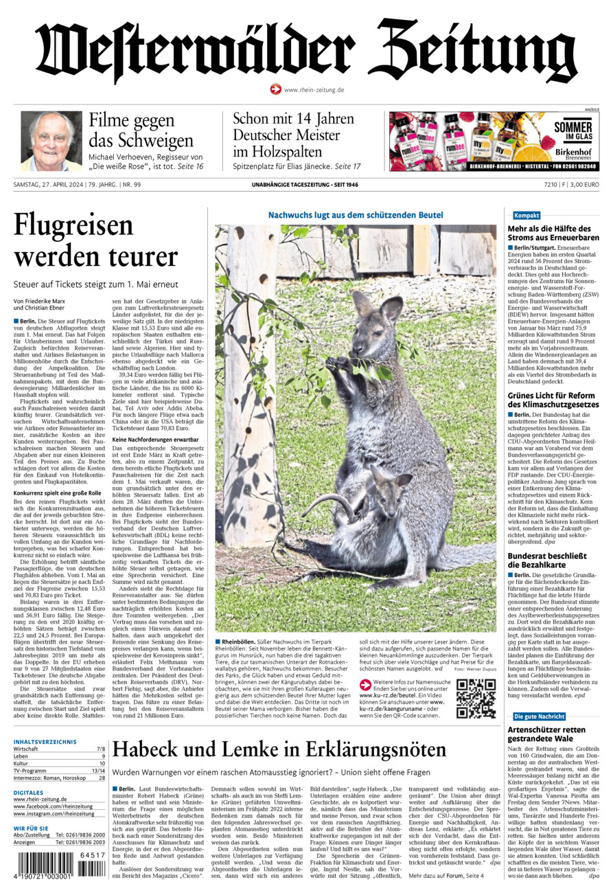 Westerwälder Zeitung vom Samstag, 27.04.2024
