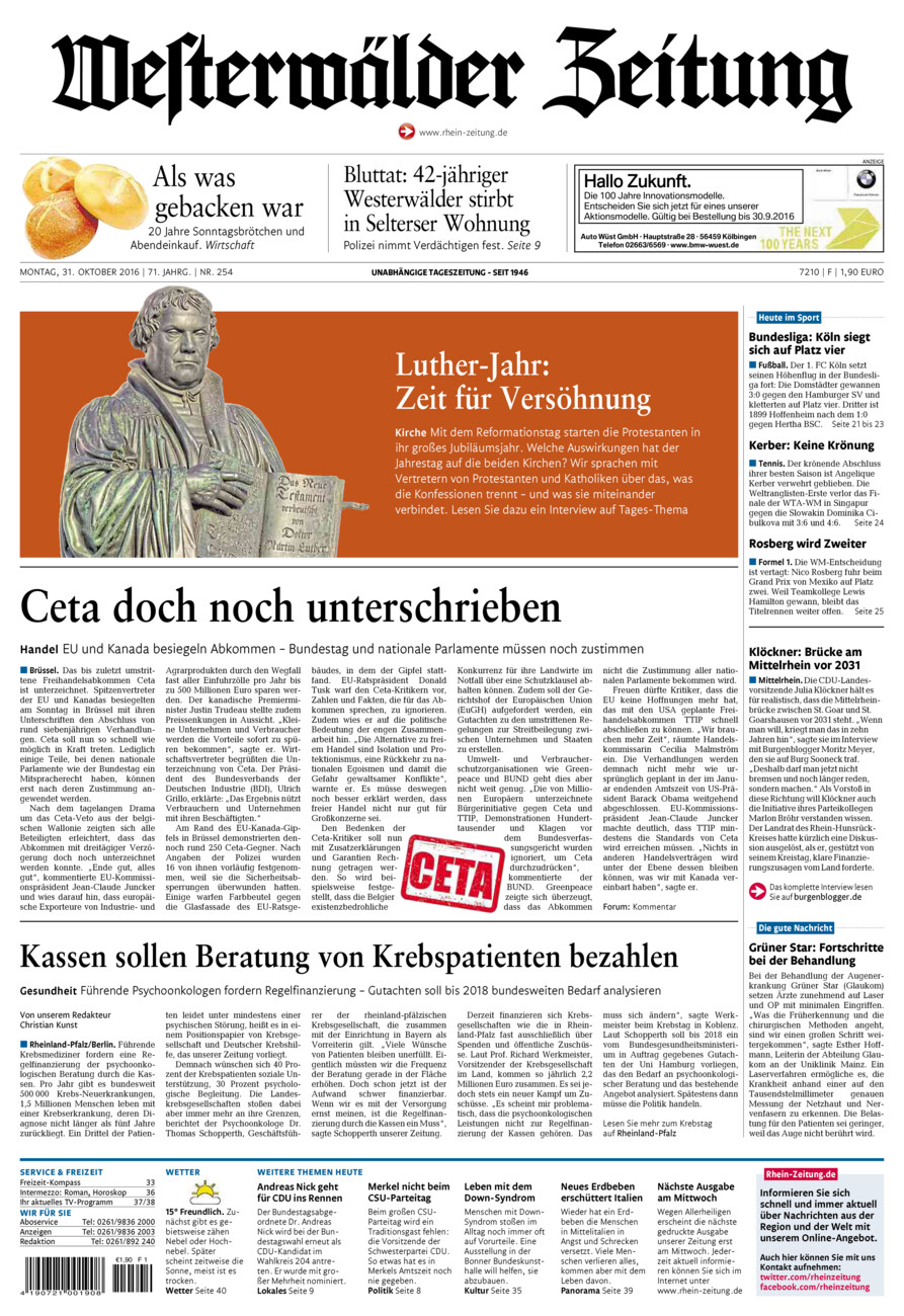 Westerwälder Zeitung vom Montag, 31.10.2016