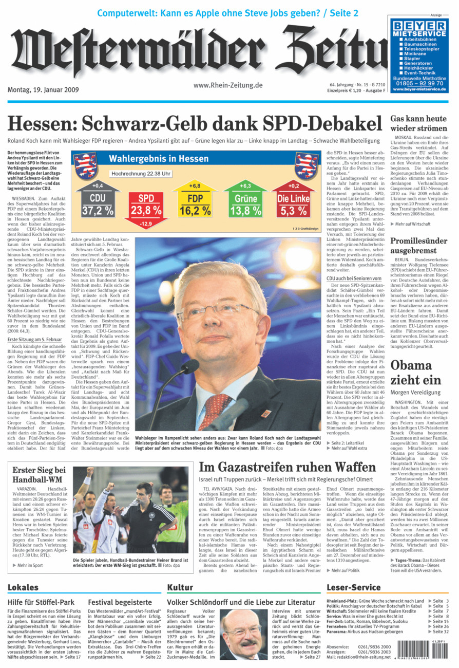 Westerwälder Zeitung vom Montag, 19.01.2009