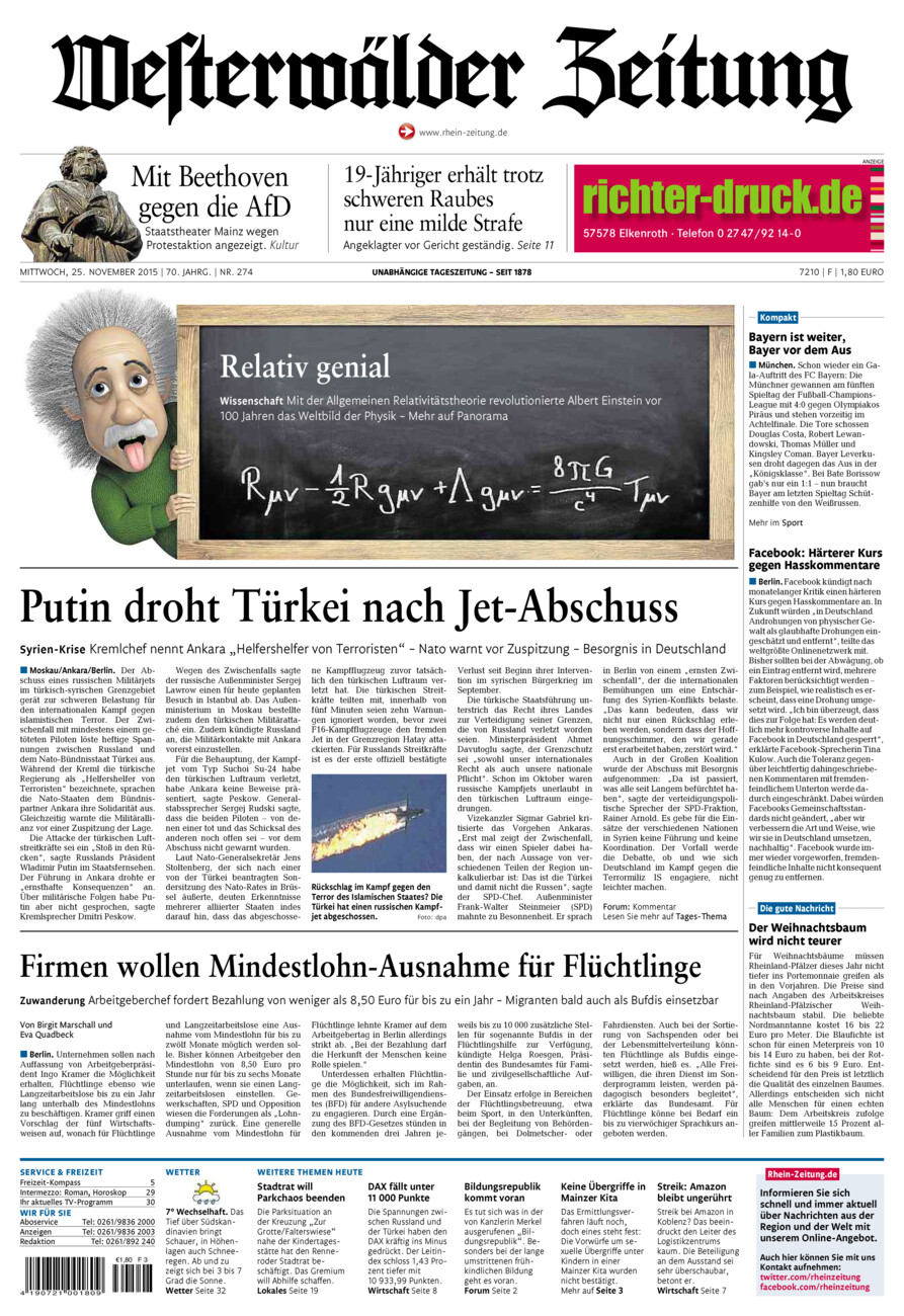 Westerwälder Zeitung vom Mittwoch, 25.11.2015