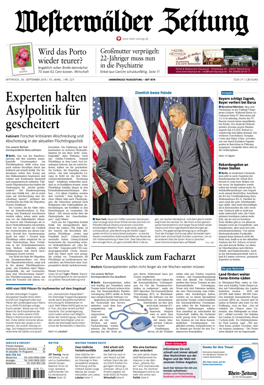 Westerwälder Zeitung vom Mittwoch, 30.09.2015