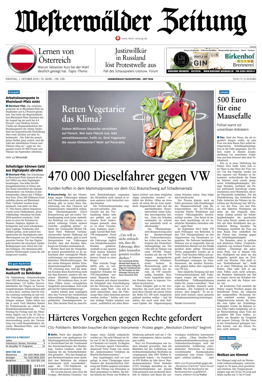 Westerwälder Zeitung vom Dienstag, 01.10.2019