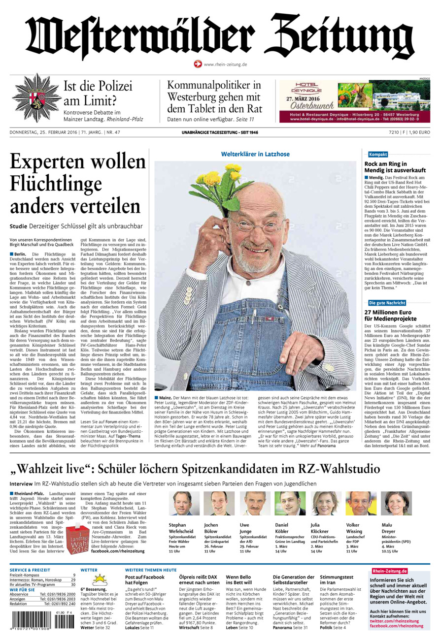 Westerwälder Zeitung vom Donnerstag, 25.02.2016