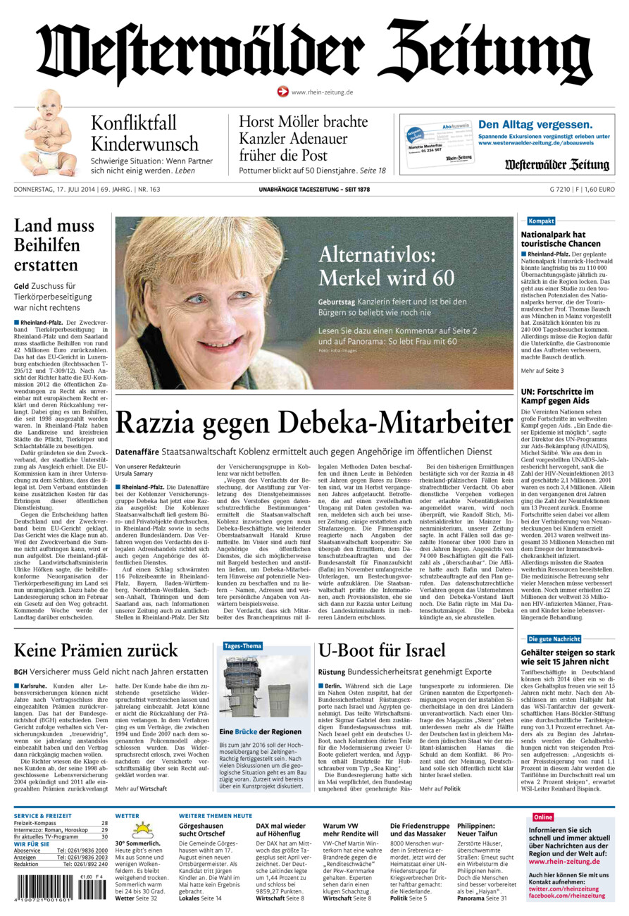 Westerwälder Zeitung vom Donnerstag, 17.07.2014