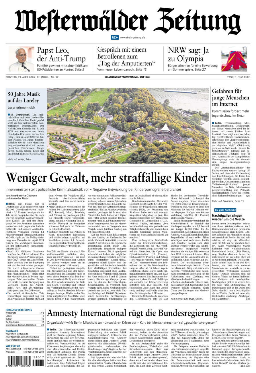 Westerwälder Zeitung vom Dienstag, 21.04.2026
