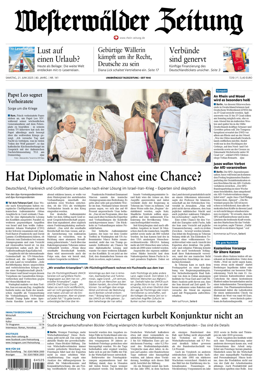 Westerwälder Zeitung vom Samstag, 21.06.2025