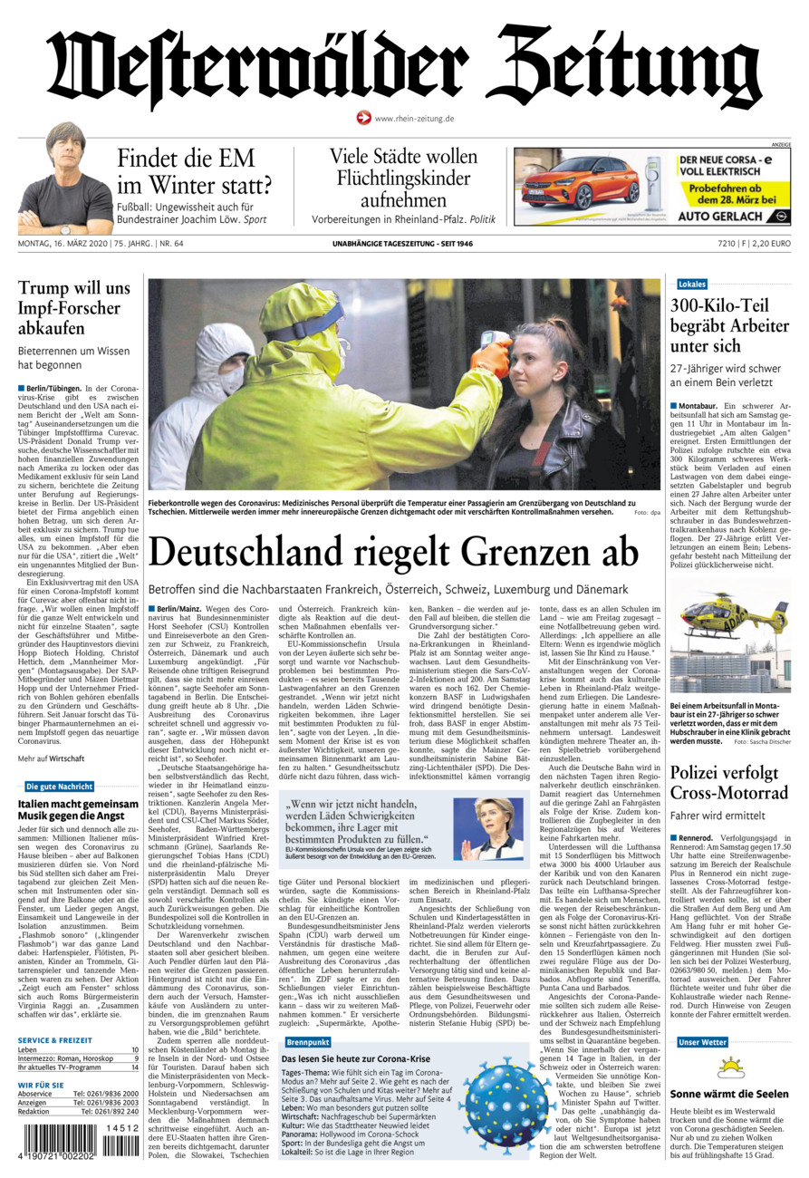 Westerwälder Zeitung vom Montag, 16.03.2020