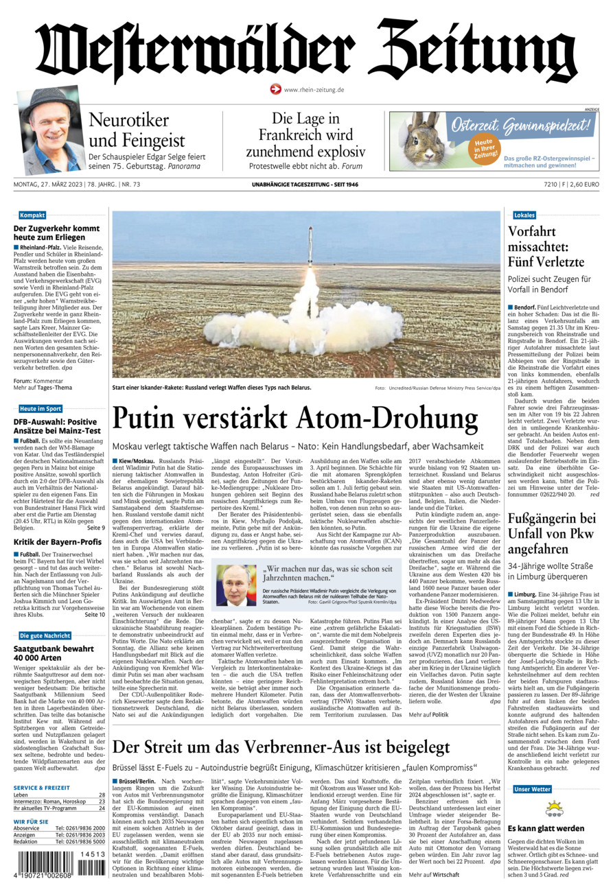 Westerwälder Zeitung vom Montag, 27.03.2023
