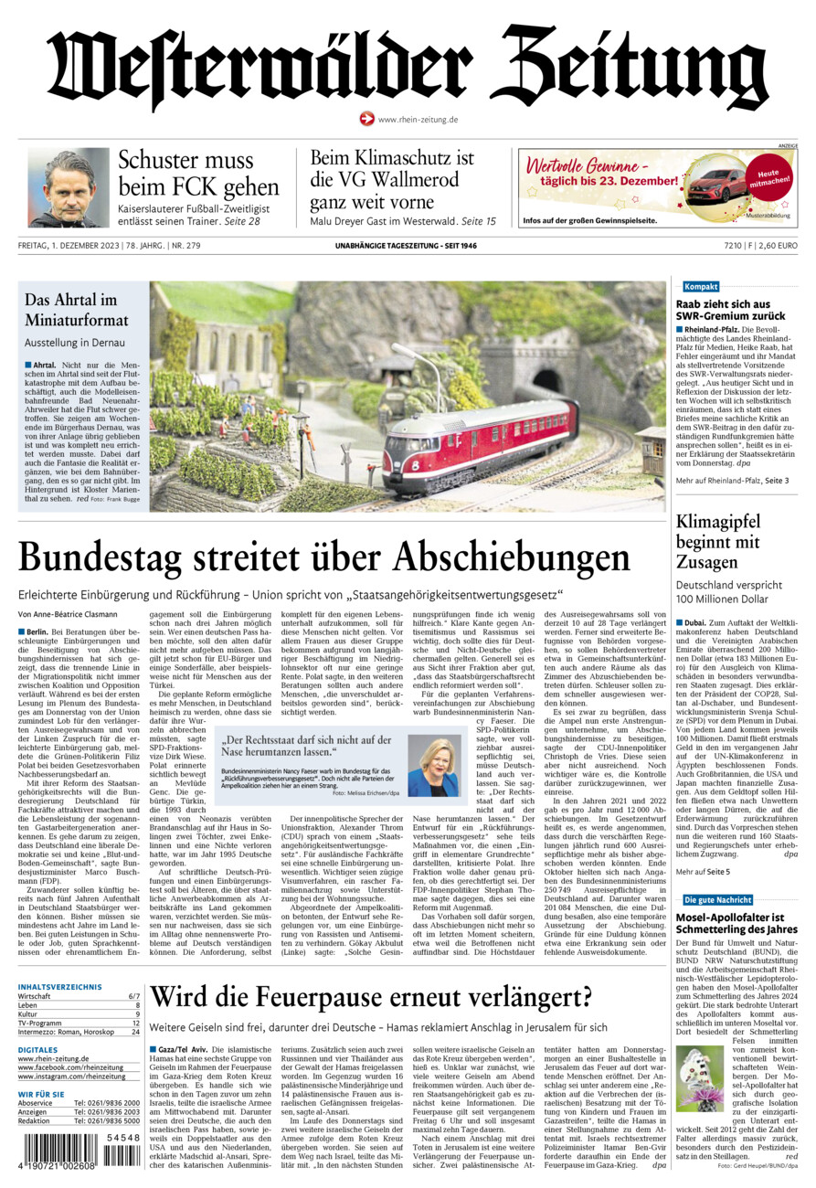 Westerwälder Zeitung vom Freitag, 01.12.2023
