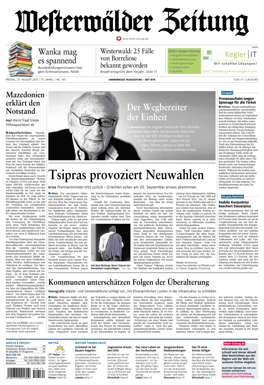 Westerwälder Zeitung vom Freitag, 21.08.2015