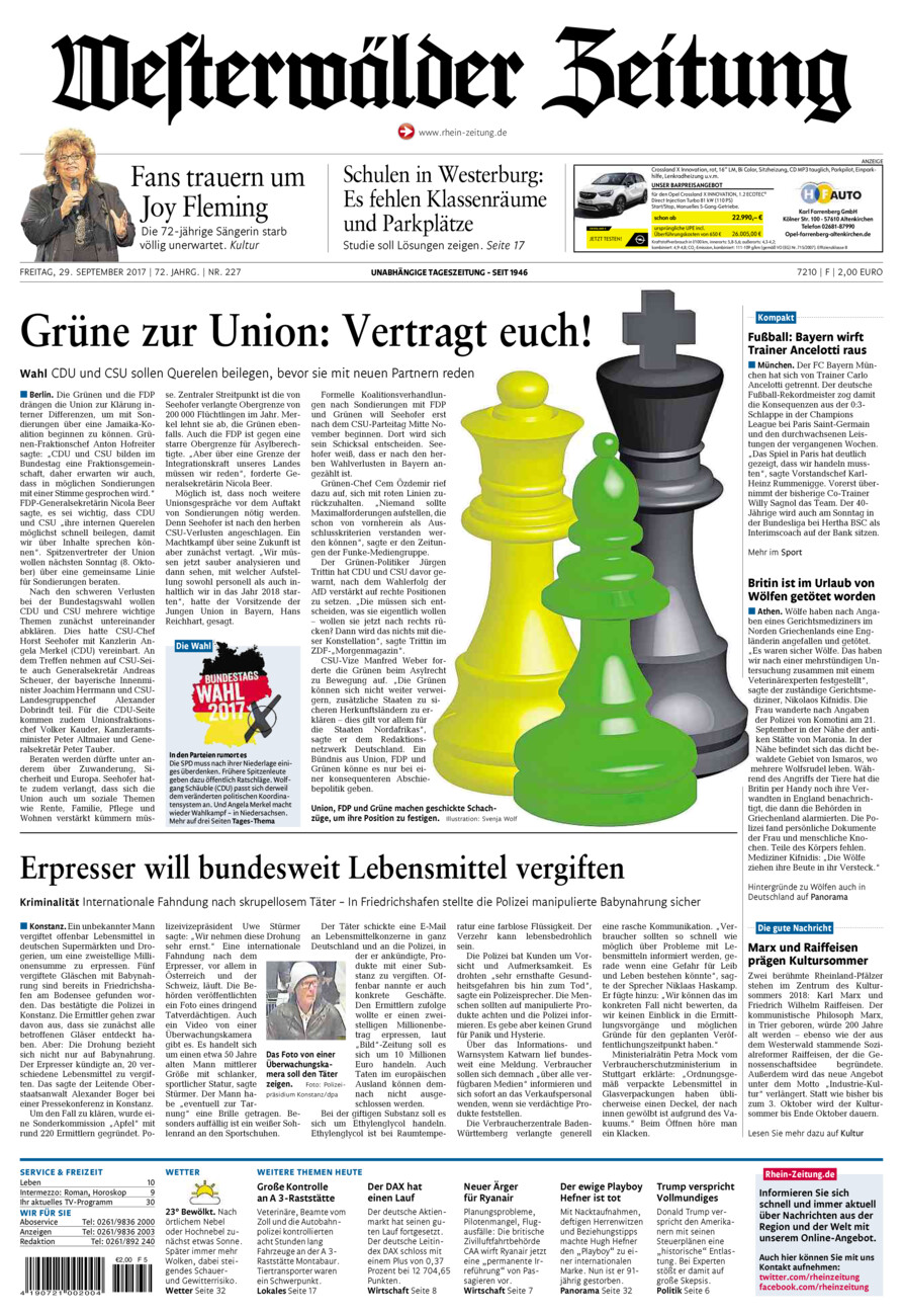 Westerwälder Zeitung vom Freitag, 29.09.2017
