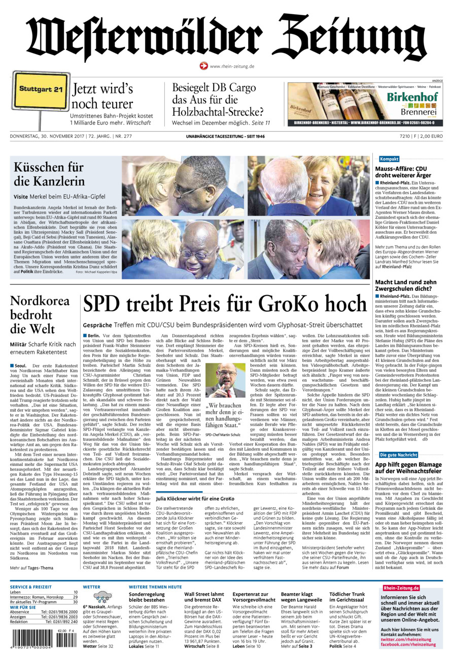 Westerwälder Zeitung vom Donnerstag, 30.11.2017