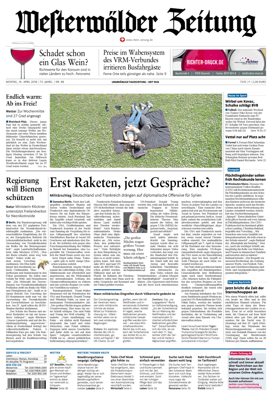 Westerwälder Zeitung vom Montag, 16.04.2018