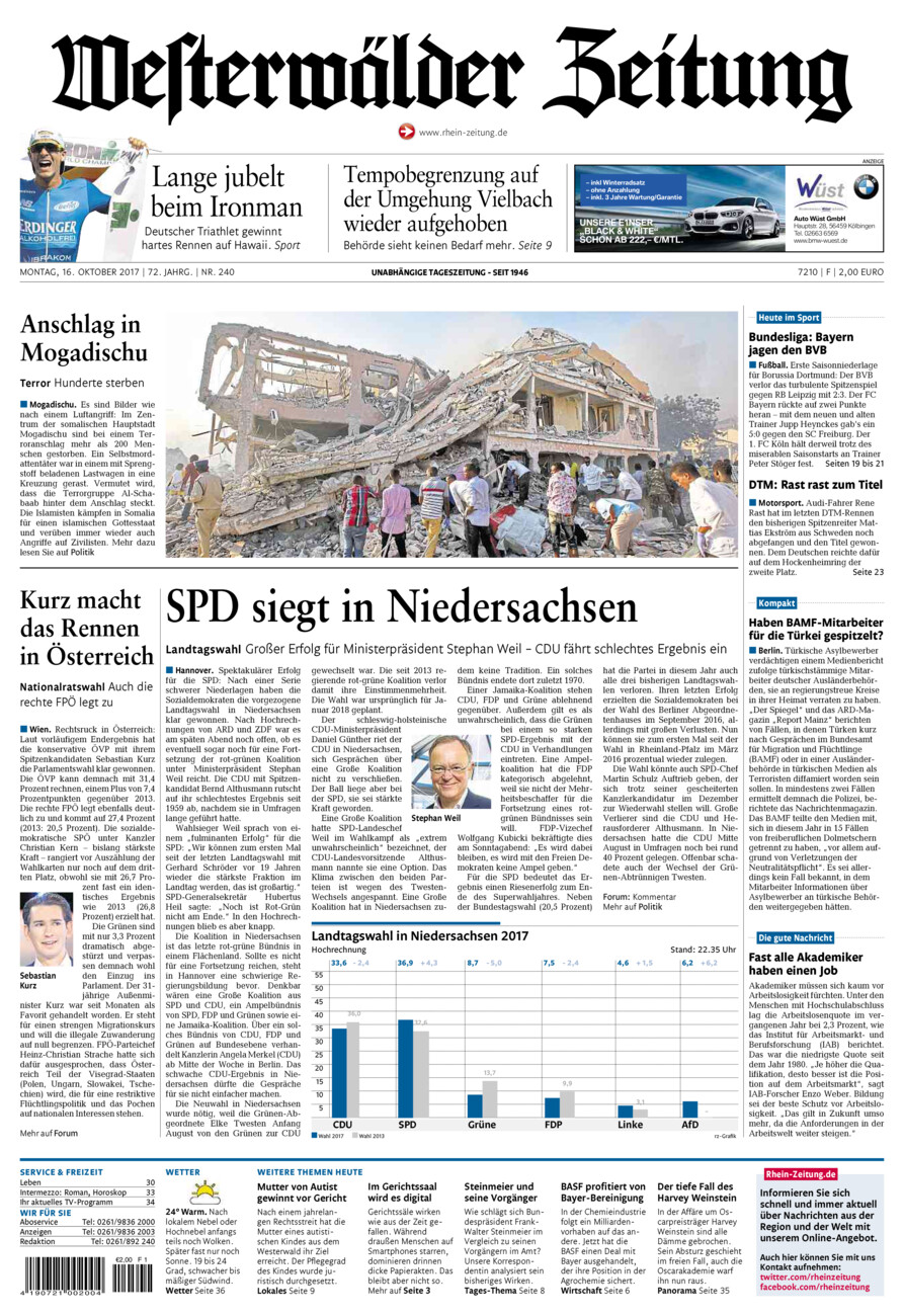 Westerwälder Zeitung vom Montag, 16.10.2017
