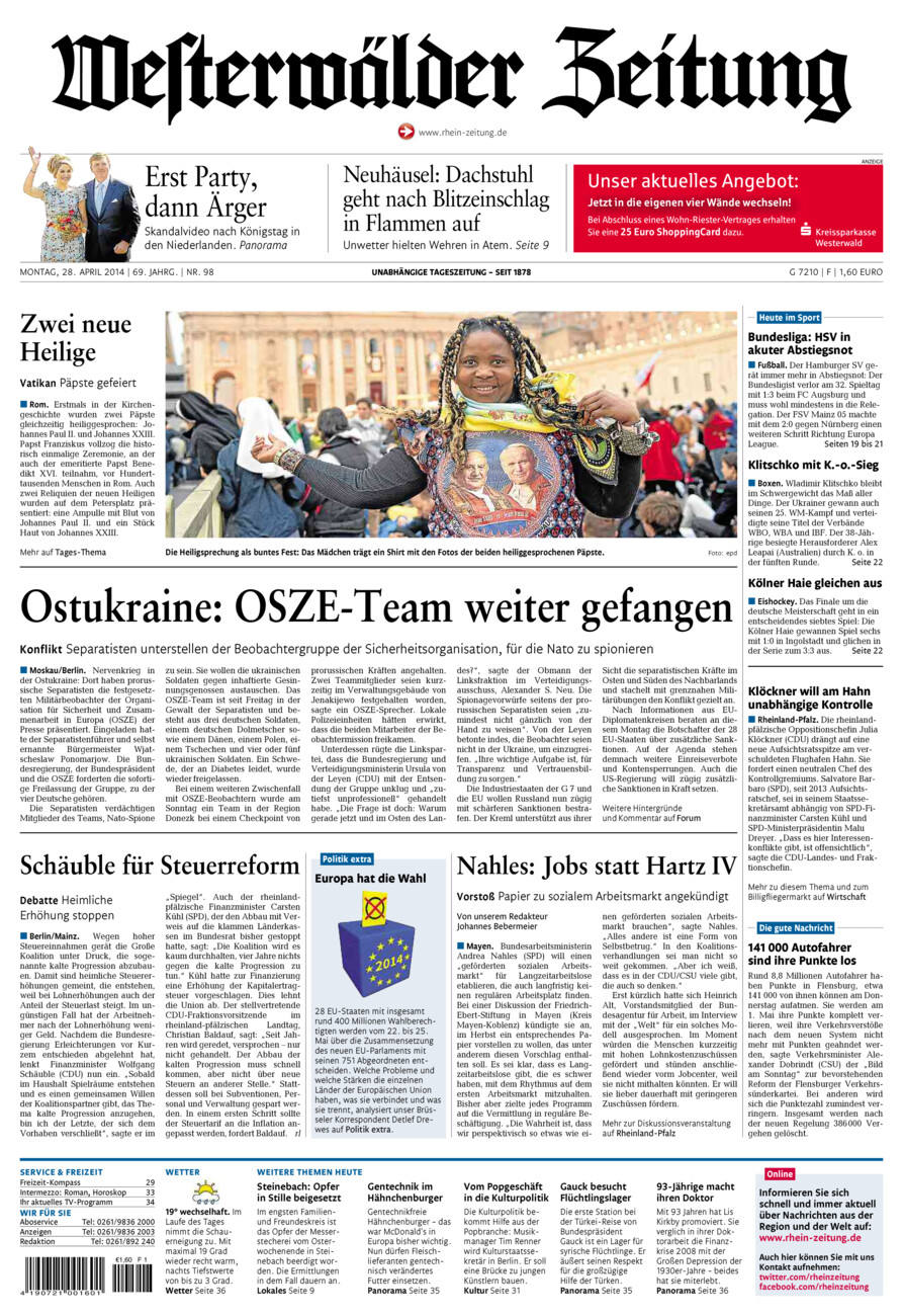 Westerwälder Zeitung vom Montag, 28.04.2014