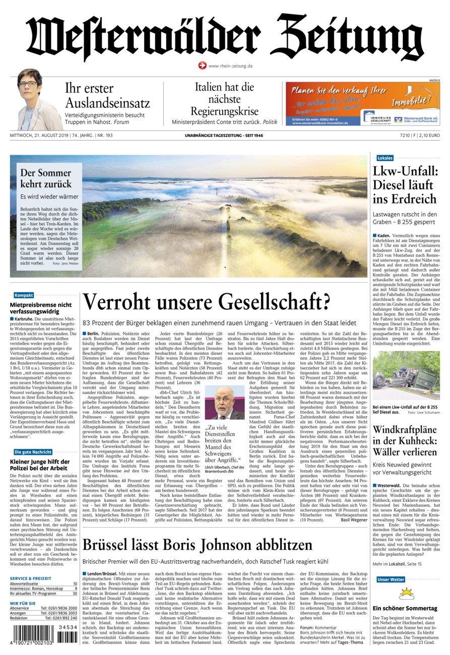 Westerwälder Zeitung vom Mittwoch, 21.08.2019