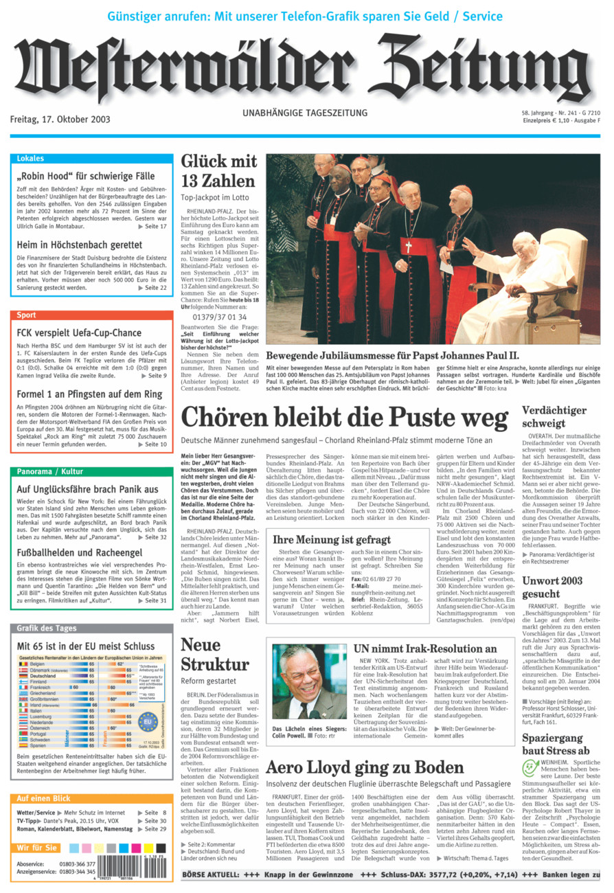 Westerwälder Zeitung vom Freitag, 17.10.2003
