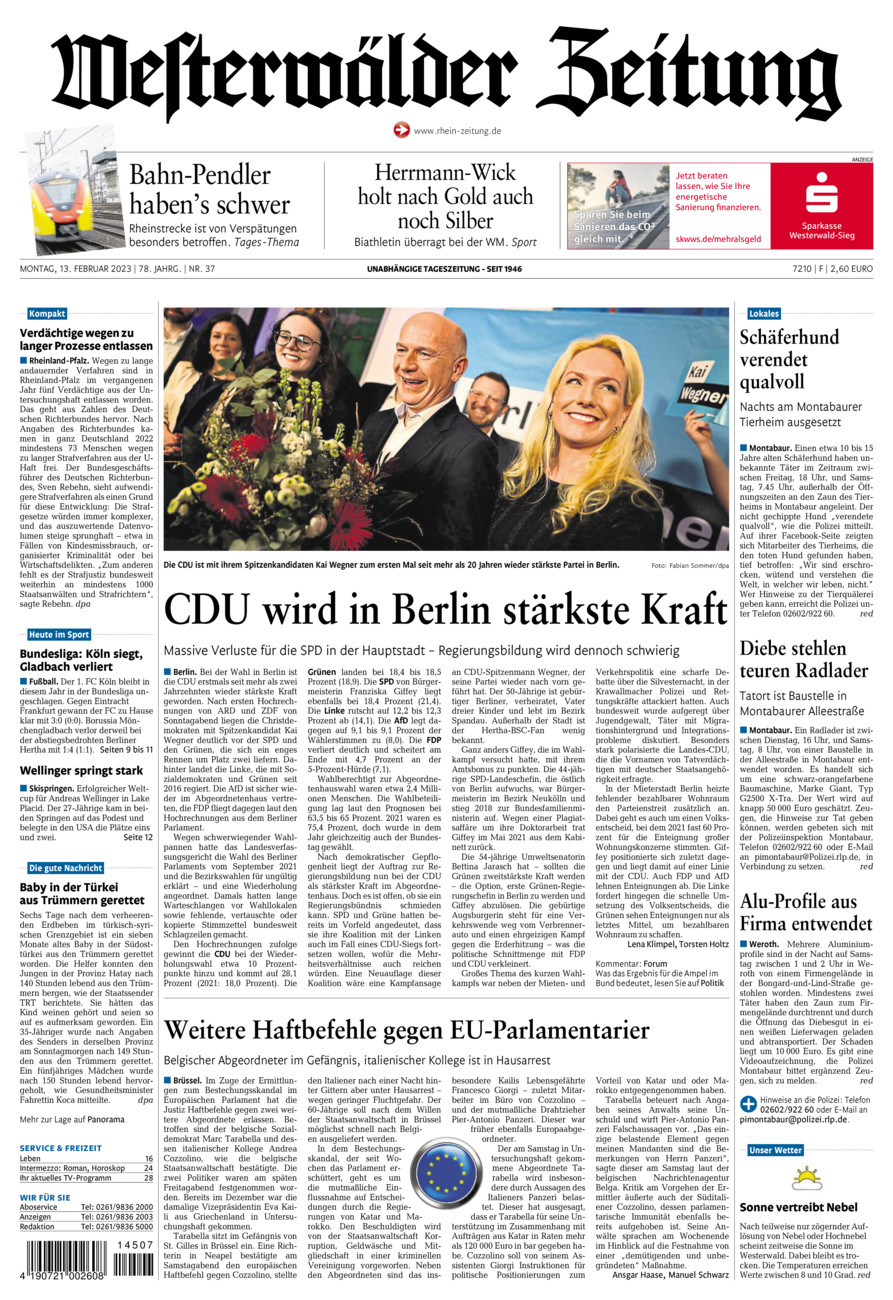 Westerwälder Zeitung vom Montag, 13.02.2023