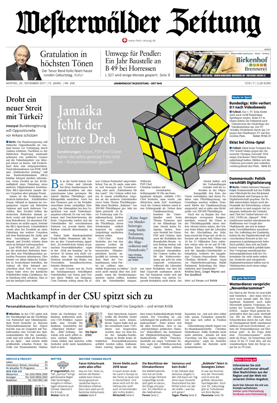Westerwälder Zeitung vom Montag, 20.11.2017