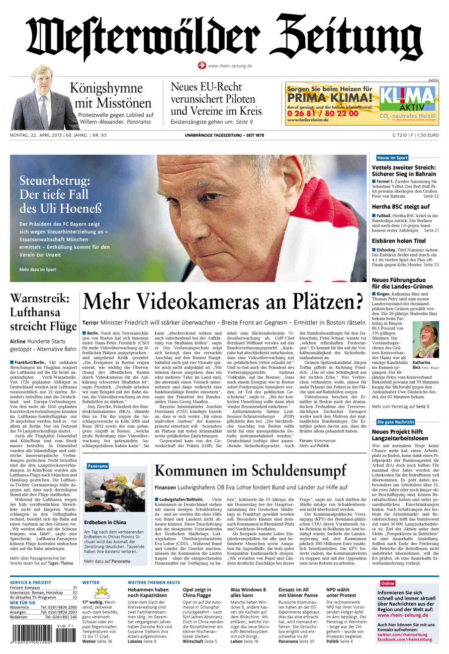Westerwälder Zeitung vom Montag, 22.04.2013