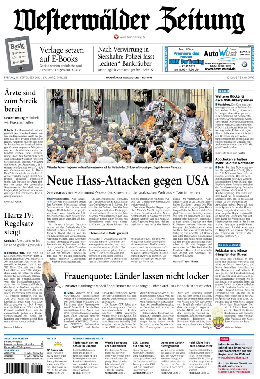 Westerwälder Zeitung vom Freitag, 14.09.2012
