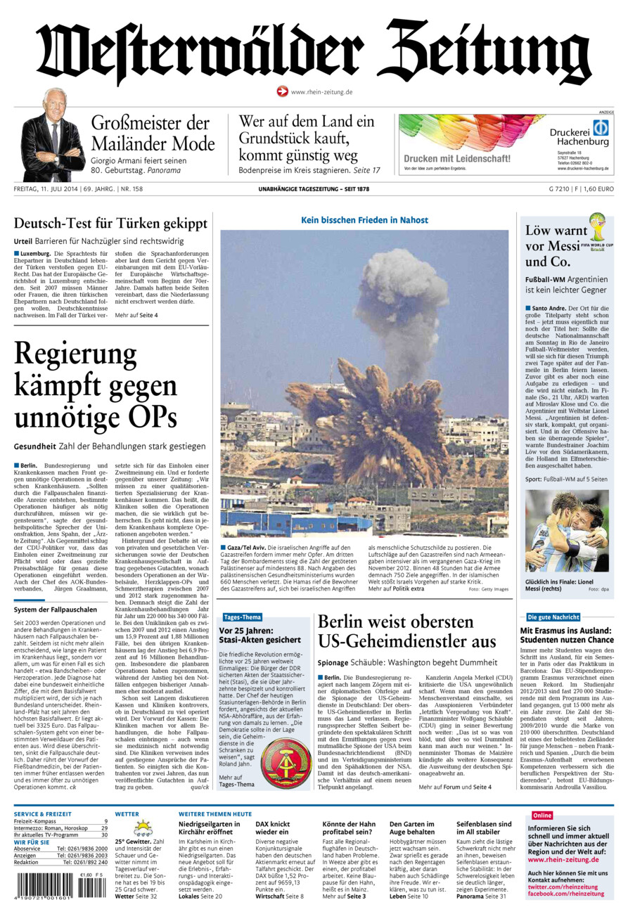 Westerwälder Zeitung vom Freitag, 11.07.2014