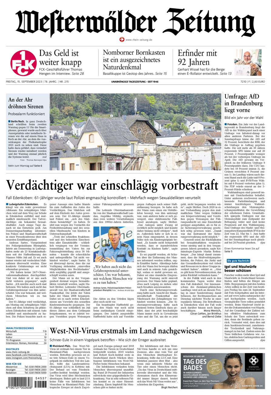 Westerwälder Zeitung vom Freitag, 15.09.2023