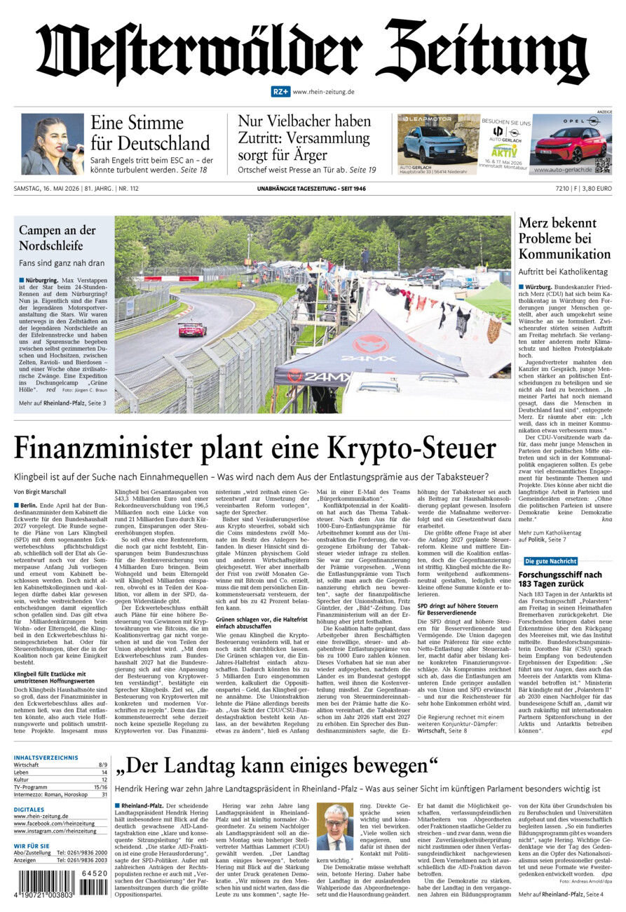 Westerwälder Zeitung vom Samstag, 16.05.2026