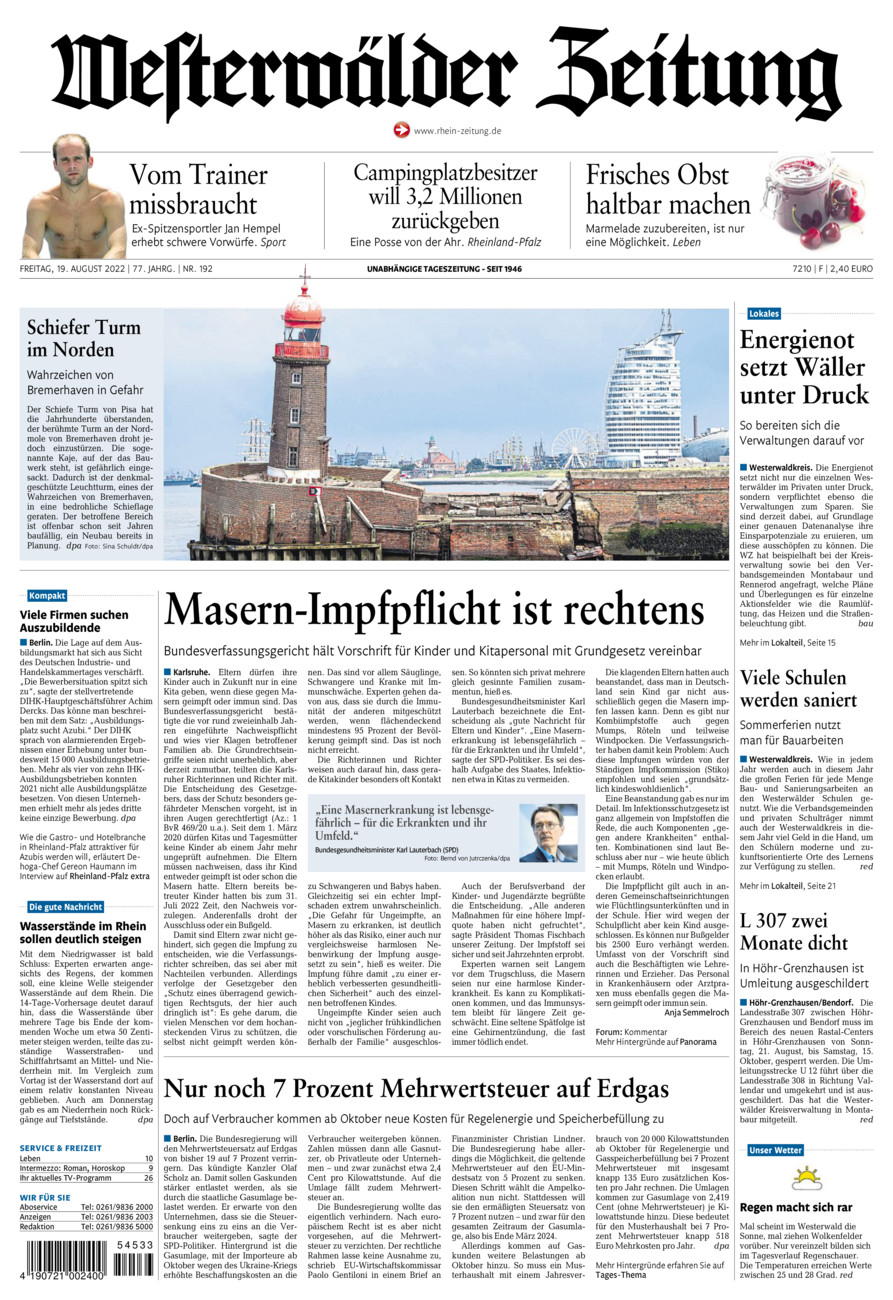 Westerwälder Zeitung vom Freitag, 19.08.2022
