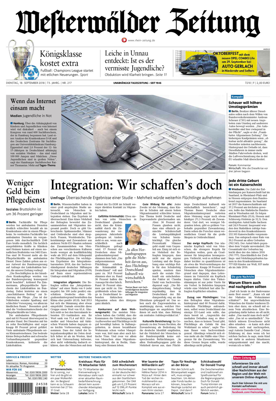 Westerwälder Zeitung vom Dienstag, 18.09.2018