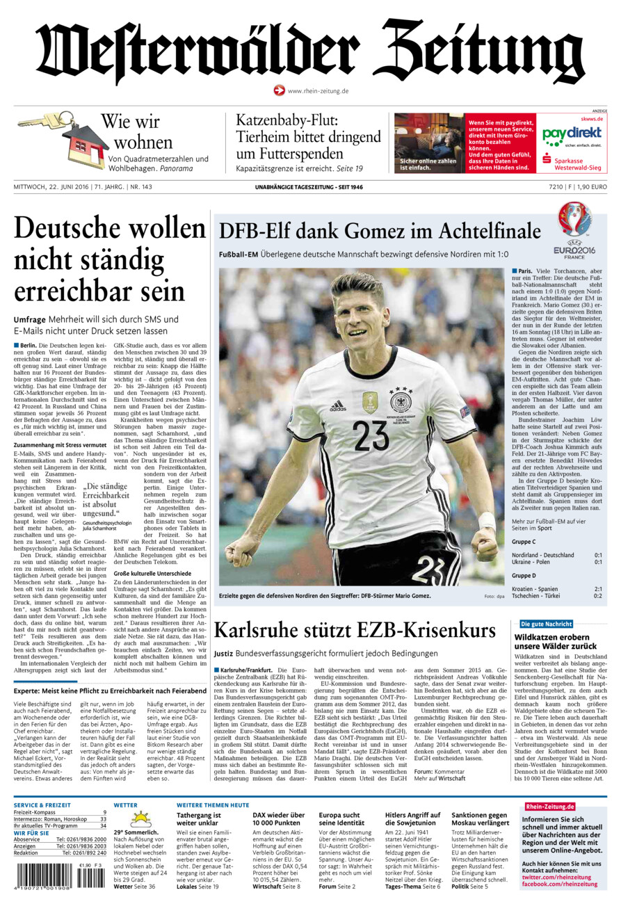 Westerwälder Zeitung vom Mittwoch, 22.06.2016