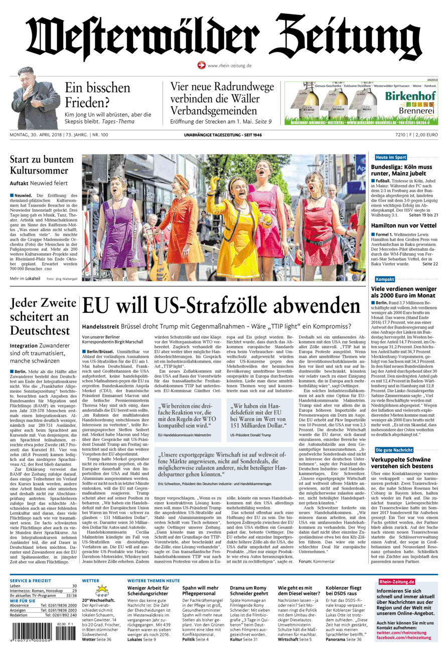 Westerwälder Zeitung vom Montag, 30.04.2018