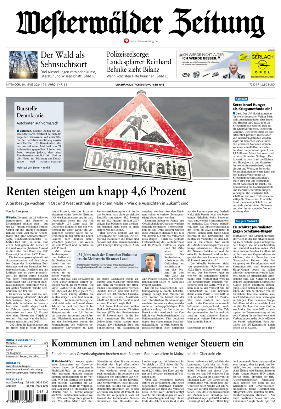 Westerwälder Zeitung vom Mittwoch, 20.03.2024