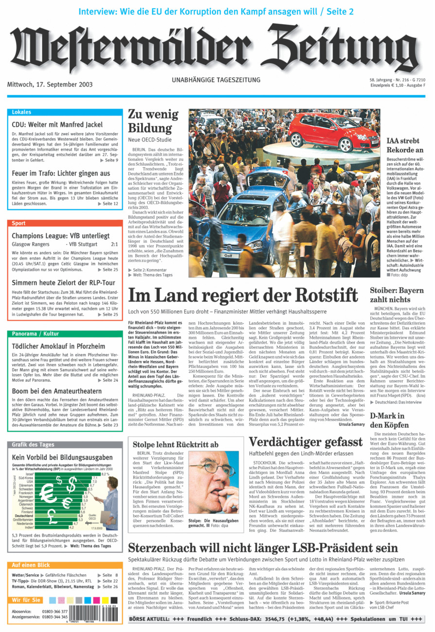 Westerwälder Zeitung vom Mittwoch, 17.09.2003