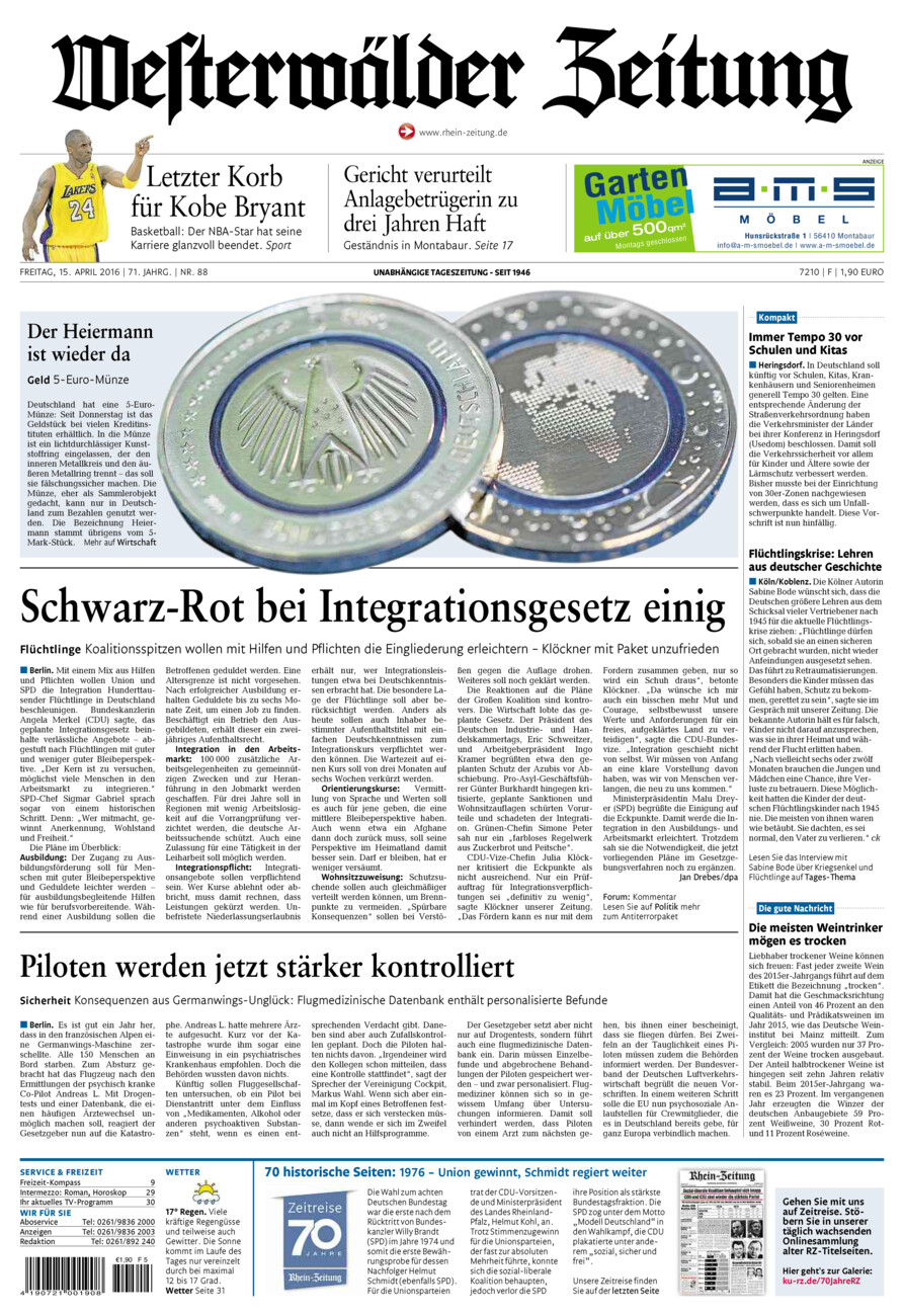 Westerwälder Zeitung vom Freitag, 15.04.2016