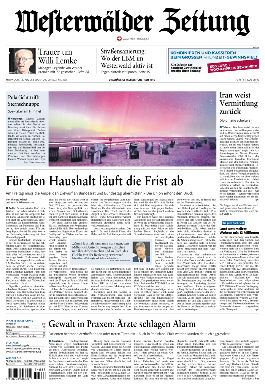 Westerwälder Zeitung vom Mittwoch, 14.08.2024