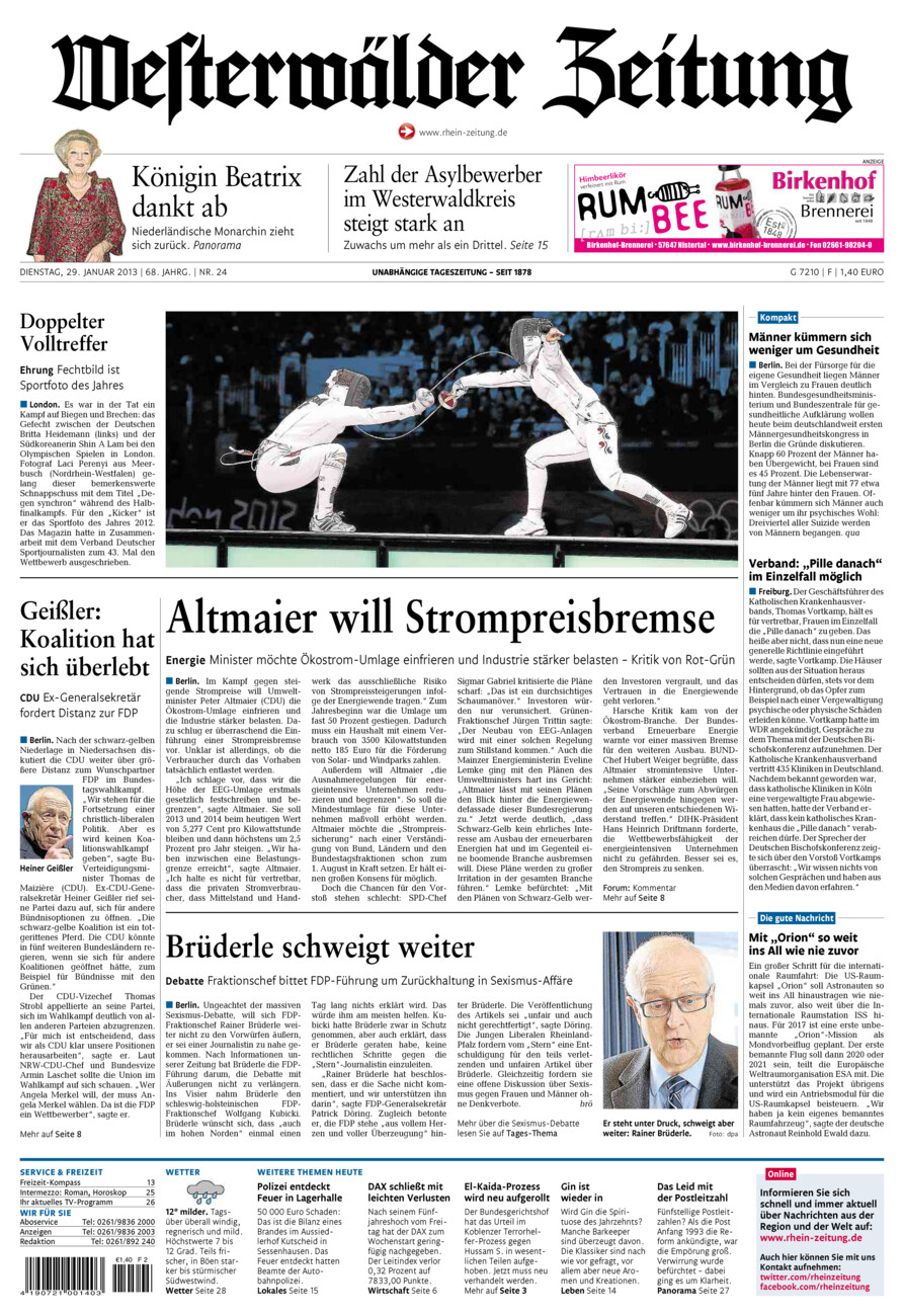 Westerwälder Zeitung vom Dienstag, 29.01.2013