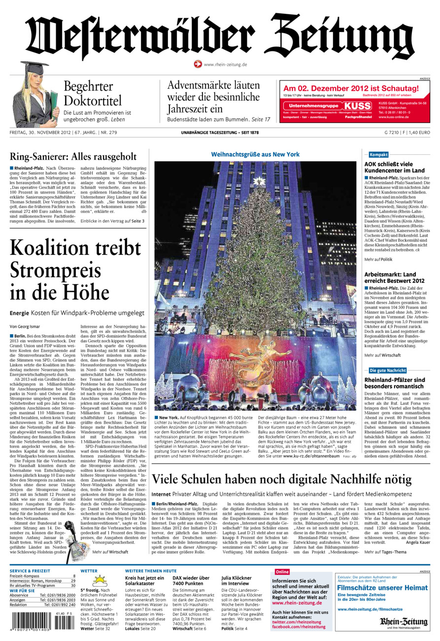 Westerwälder Zeitung vom Freitag, 30.11.2012