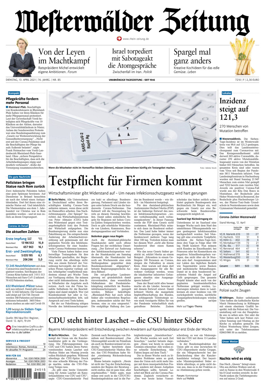 Westerwälder Zeitung vom Dienstag, 13.04.2021