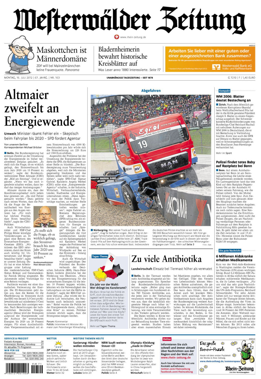 Westerwälder Zeitung vom Montag, 16.07.2012