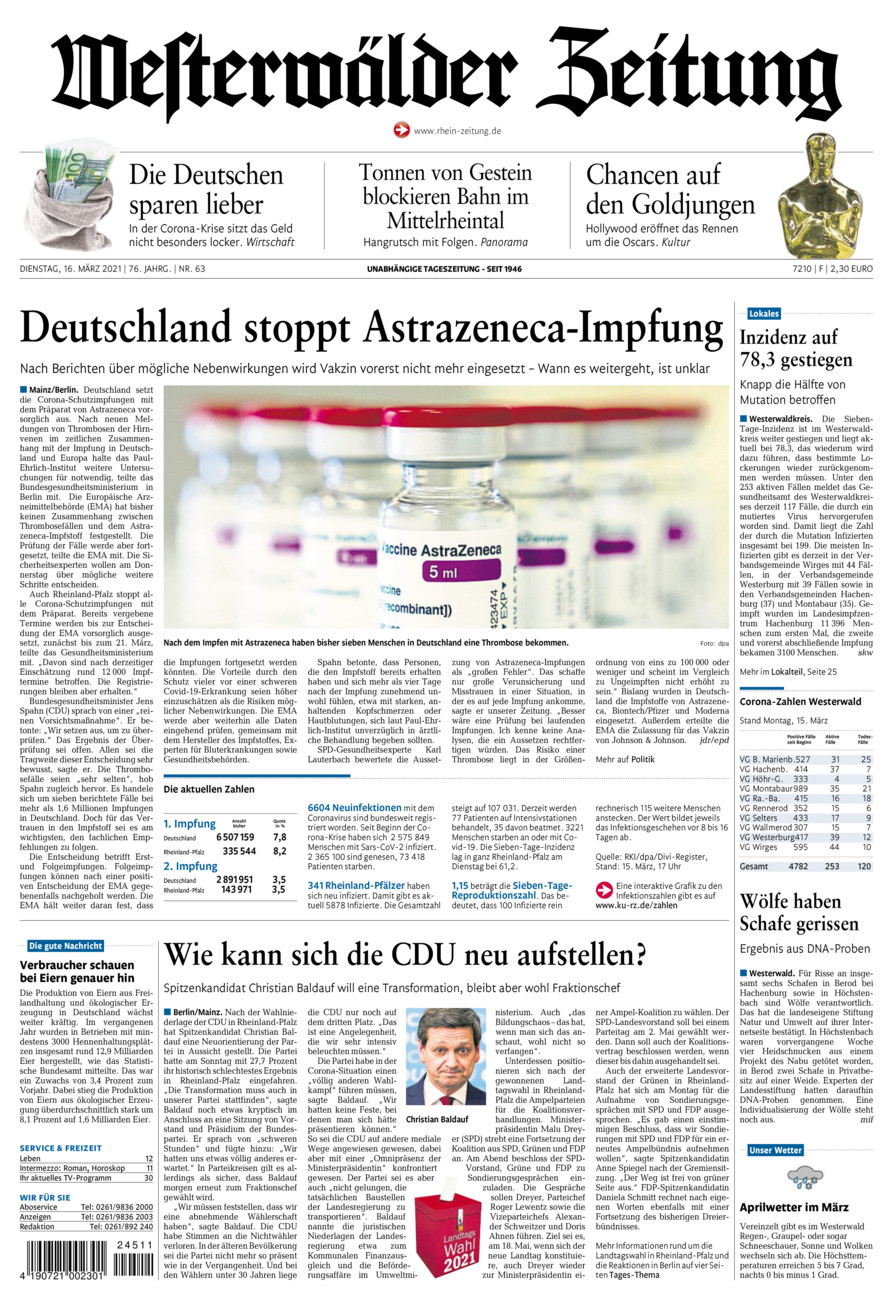 Westerwälder Zeitung vom Dienstag, 16.03.2021