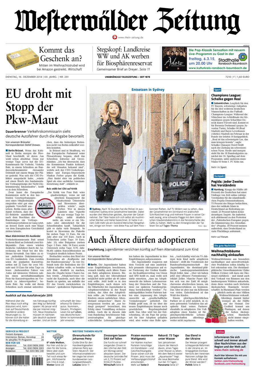 Westerwälder Zeitung vom Dienstag, 16.12.2014